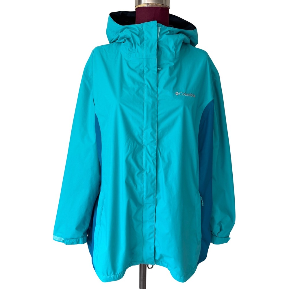 Columbia Womens Rain Jacket Omni-Tech Waterproof Hooded‎ Teal Blue 2X